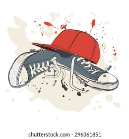 Drawing vector illustration with sneakers, baseball cap and splash paint
