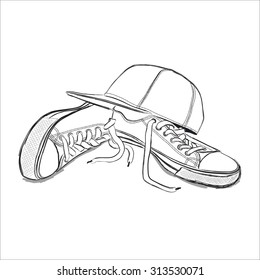 Drawing vector illustration with sneakers and baseball cap