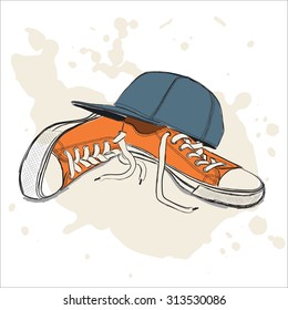Drawing vector illustration with sneakers and baseball cap