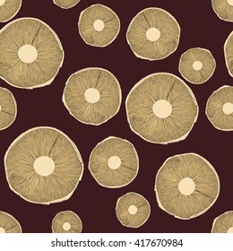 Drawing vector isolated beige mushrooms on brown background asymmetric pattern