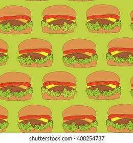 Drawing vector isolated burgers on spring green background pattern