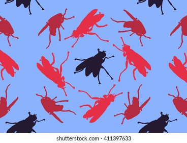 Drawing vector isolated color fly silhouettes on blue background