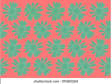 Drawing vector isolated green chamomiles on pink background