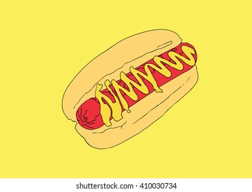 Drawing vector isolated hot dog on yellow background