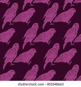 Drawing vector isolated pink parrots on dark purple background pattern
