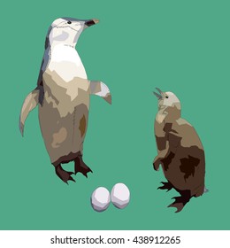 Drawing vector isolated poly Chinstrap penguin - pygoscelis antarctica - with a baby and two eggs