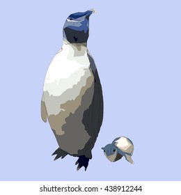 Drawing vector isolated poly Emperor penguin - aptenodytes forsteri - with a baby