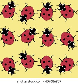 Drawing vector isolated red ladybugs on light yellow background pattern