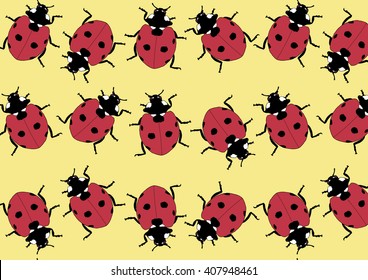 Drawing vector isolated red ladybugs on light yellow background