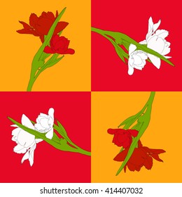Drawing vector isolated red and white tulip flowers on chess tiles red and orange background pattern