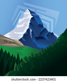 drawing in vector Matterhorn. peak in the Pennine Alps on the border of Switzerland in the canton of Valais and Italy in the province of Valle d'Aosta