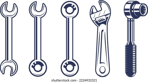 Dibujo vector Colección Wrenches mecánicos. Ilustración de herramientas clave de trabajo. Caricatura de zócalo ajustable de la combinación de borde abierto