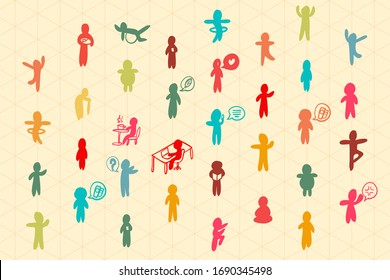 Drawing vector of People in lockdown and social distancing. Keep distance each other for 2 meters or 6 feet to avoid covid-19 infected. So stay at home and work from home too.