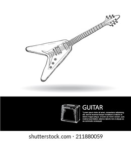 Drawing Vector Set Of Rock'n Roll Band Equipment. Guitar 