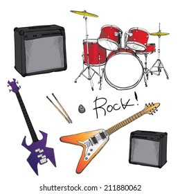 drawing vector set of rock'n roll band equipment.