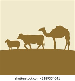 Zeichnen von Vektorgrafiken von Schafen, Kuh und Kamel. Kreativer Hintergrund aus Tieren.