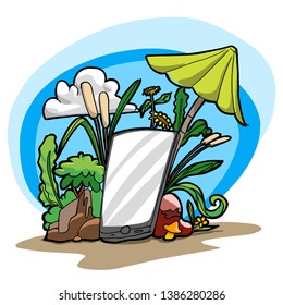 Drawing vector of Smartphone lay back on stone with umbrella as vacation in nature. This concept mean for technology environmental freindly
