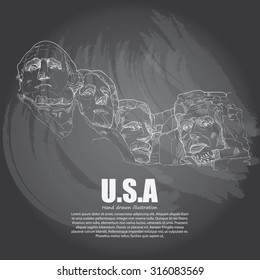 Drawing vector Of USA Symbols. Mount Rushmore on chalkboard