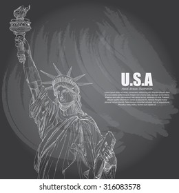 Drawing vector Of USA Symbols. statue of liberty on chalkboard