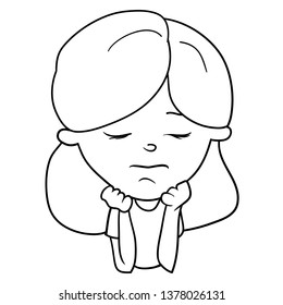 Drawing in  vector,coloring book, a cartoon character, a sad girl, hands propped her chin