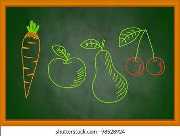 Drawing of vegetable and fruit on blackboard