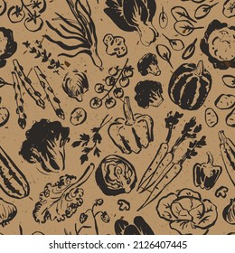 Drawing of vegetables, seamless hand drawn doodle pattern, illustration for cook book backgrounds, cards, posters, banners, textile prints, web design, recycled paper effect