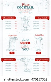 Drawing vertical cocktail menu design on a notebook page