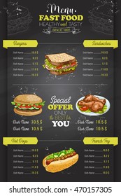 Drawing vertical color fast food menu design on blackboard