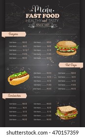 Drawing vertical color fast food menu design on blackboard