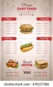 Drawing vertical color fast food menu design on retro background