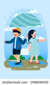 Drawing vertical image Girl and boy under umbrella, they enjoy to playing  with rain in rainy season in cartoon character style flat vector illustration