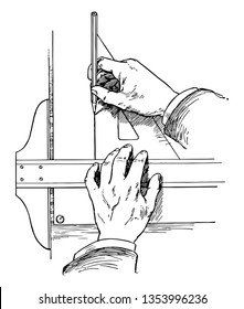 Drawing Vertical Lines Using a T-square and a Triangle is held with the thumb which draw horizontal lines of keep the working edge, vintage line drawing or engraving illustration.
