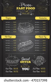 Drawing vertical scetch of fast food menu design on blackboard