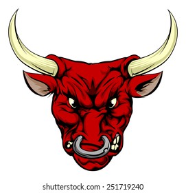 A drawing of a very angry looking red bull mascot face