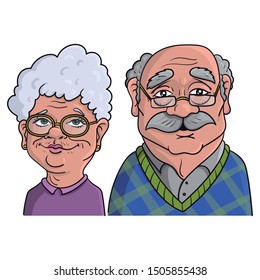 Drawing from a very old couple. Grandpa and grandma with glasses and gray hair. avatar, smiling, illustration, cartoon drawing in color.