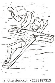 Drawing of the Via Crucis, representing the eleventh station: Pilatos' sentence is carried out, Jesus is nailed to the cross.