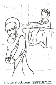 Drawing of the Via Crucis, representing the first station: Jesus is judged by Pontius Pilate.