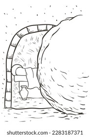 Drawing of the Via Crucis, representing the fourteenth station: the dead body of Jesus is sealed in a tomb.