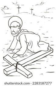 Drawing of the Via Crucis, representing the ninth station: Jesus falls exhausted by the long way to Calvary.