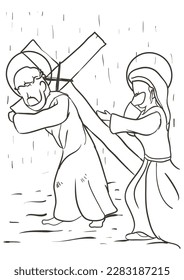 Drawing of the Via Crucis, representing station four: Jesus meets his mother and she calms him.