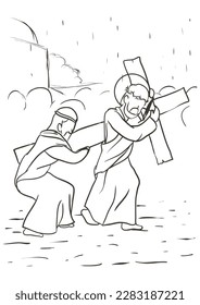 Drawing of the Via Crucis, representing station five: Simon of Cyrene help Jesus to carry his heavy cross.