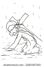 Drawing of the Via Crucis, representing station seven: Jesus falls again exhausted.