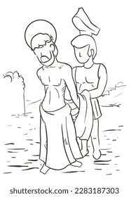 Drawing of the Via Crucis, representing station ten: Jesus take off his clothes by order of his executioner.