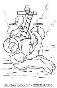 Drawing of the Via Crucis, representing station thirteen: Jesus is taken down from the cross by Joseph of Arimathea and his mother weeps for his death.