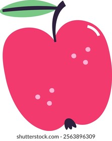 Drawing of a vibrant red apple with stem and leaf. Vector Illustration.