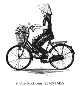 Drawing of the Vietnamese girl is riding the bicycle with flowers
