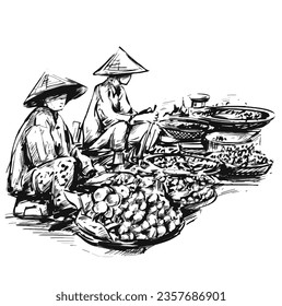 Dibujo de un vendedor vietnamita vendiendo verduras en el mercado local de Vietnam