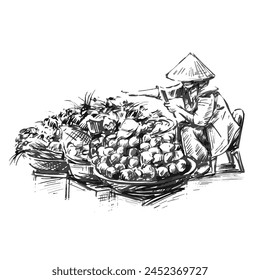 Drawing of Vietnamese women street sales 