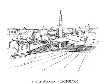 drawing view of the roofs, the old city.the sketch is black and white.vector image.