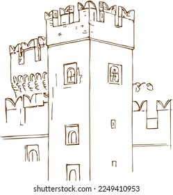 Drawing view from street on towers top  of  Scaligero Castle 13th century on Lake Garda,  historical centre of Sirmione, Lombardy,  Italy svg